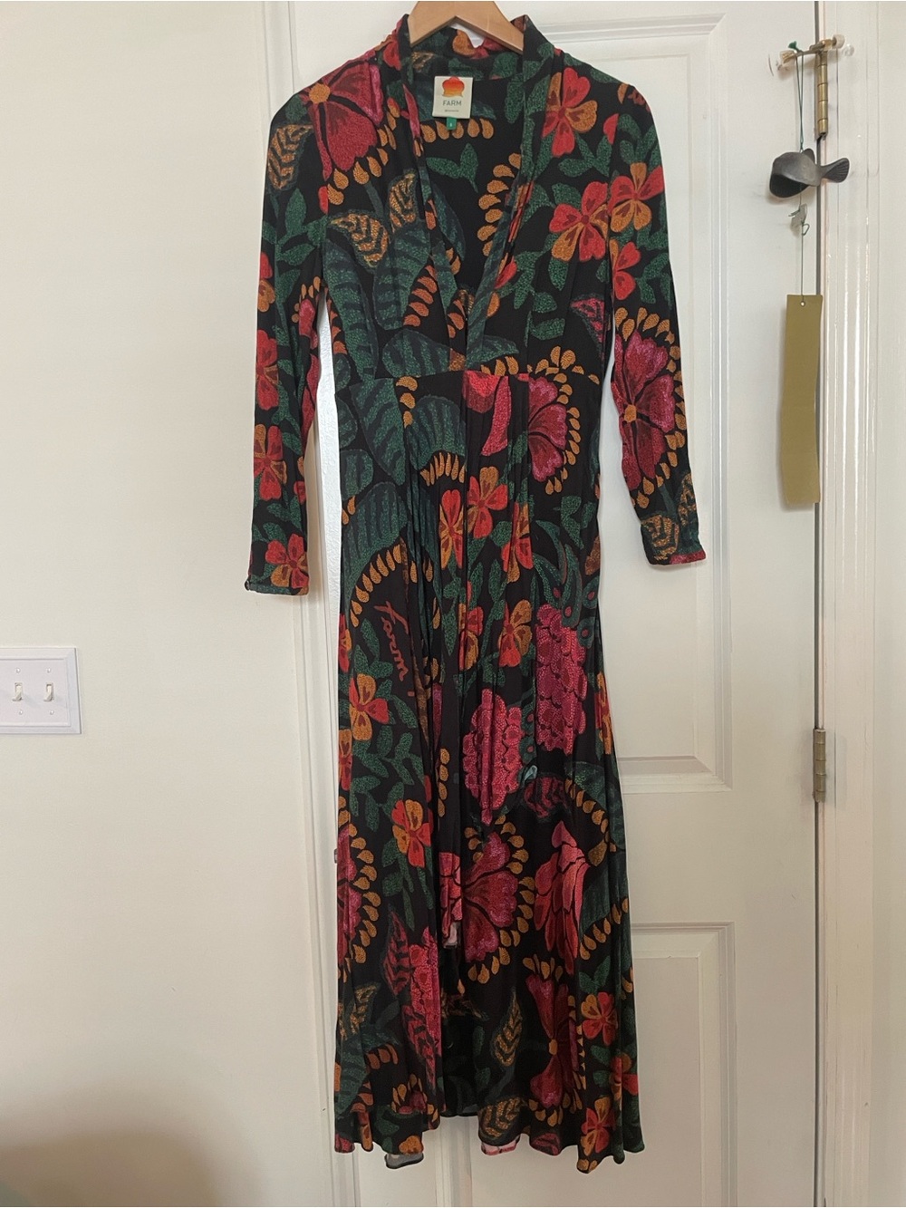 Farm Rio floradoscopic long sleeve plunging maxi dress in small